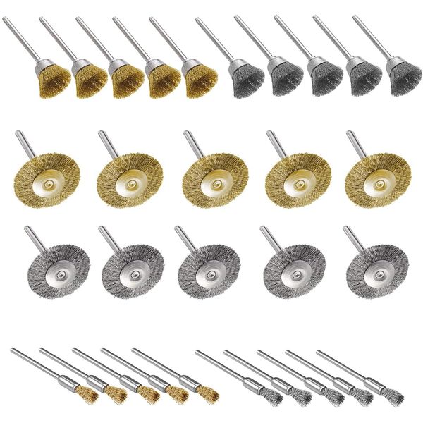 AmoYoung 3 Types of Wire Brush, Steel Brush & Brass Wire Brush, 0.09 inch (2.35 mm) Shaft 30 Pieces, Wire Wheel Brush, Bowl Cup, Brush Type, Polishing Brush, Grinding Brush, Dremel, Rust Remeling