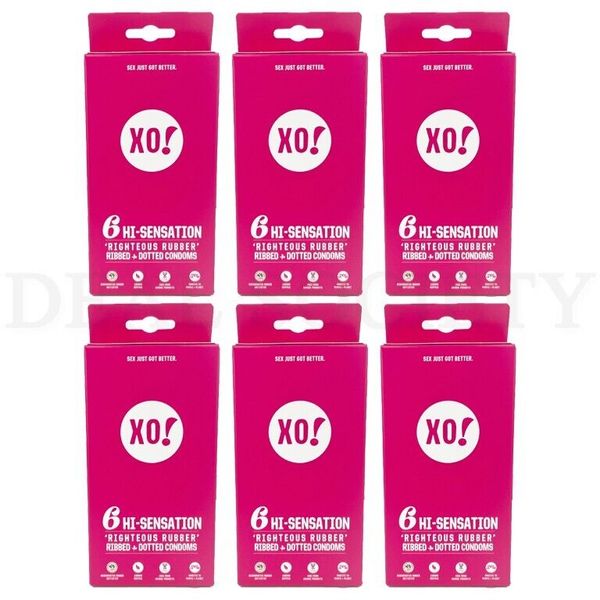 XO! Hi-Sensation Righteous Rubber Ribbed Condoms Unscented 6 ct each Lot of 6