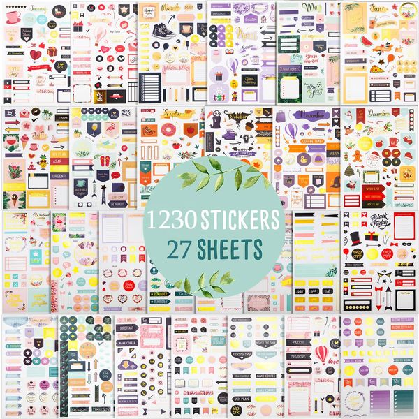 Liangding Bullet Journal Sticker, 27 Blätter/1230+ Planer Sticker Set für Kalender 2024, Aufkleber Journal für Monate, Arbeit Planung Budget und Scrapbooking Sticker Fotoalbum, Journal Zubehör