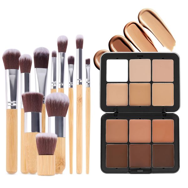 Professional Makeup Cream Contour Palette, 12 Colours Concearler Full Coverage & Makeup Brush Set, Face Make Up Gift for Women Girls, A