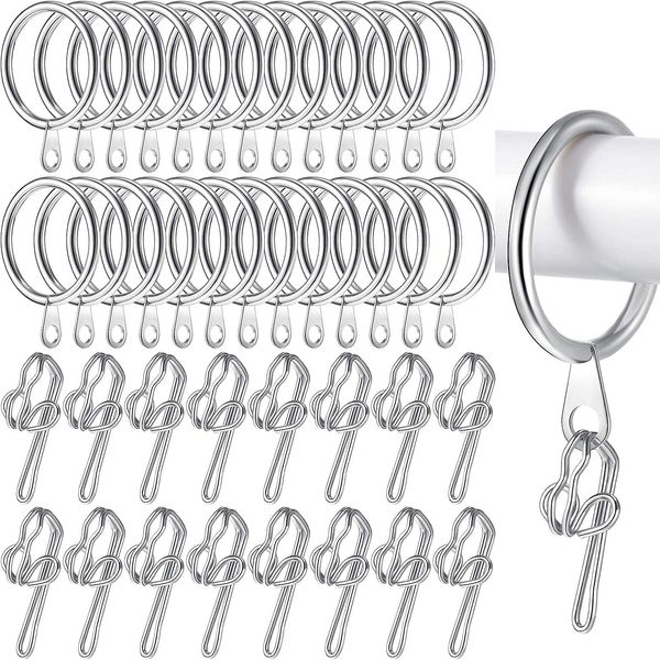 50 Pieces Metal Curtain Hooks and 50 Pieces Curtain Pole Rings for Hanging Curtains and Shower Drapery Rods, Silver