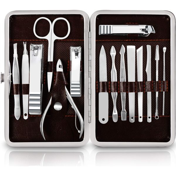 Utopia Care 15 Pieces Manicure Set - Stainless Steel Manicure Nail Clippers Pedicure Kit - Professional Grooming Kits, Nail Care Tools With Luxurious Travel Case (Silver)