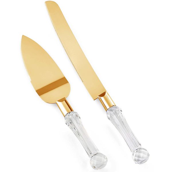 wedding knife and server set gold, Gold Cake Cutter and Pie Spatula, Cake Server and Knife Set of 2 with Crystal Handles, 1.2mm Thick Blades,Cake Cutting Set for Wedding Cake, Birthdays, and Parties