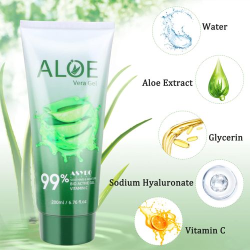 ASYBO 200 ml Aloe Vera Gel - 99% Pure Aloe Vera Face & Body Hydrating, Natural Aloe Cream After Sun for Dry Skin, Sunburn, Acne (Pack of 2)