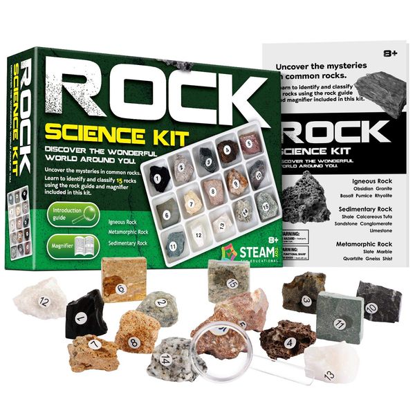 Rocks and Minerals for Kids, Rock Specimen Kit 15pcs with Magnifier, Educational Rock Kit Science Kit Physical Geology Kits STEM Gift for Boys & Girls