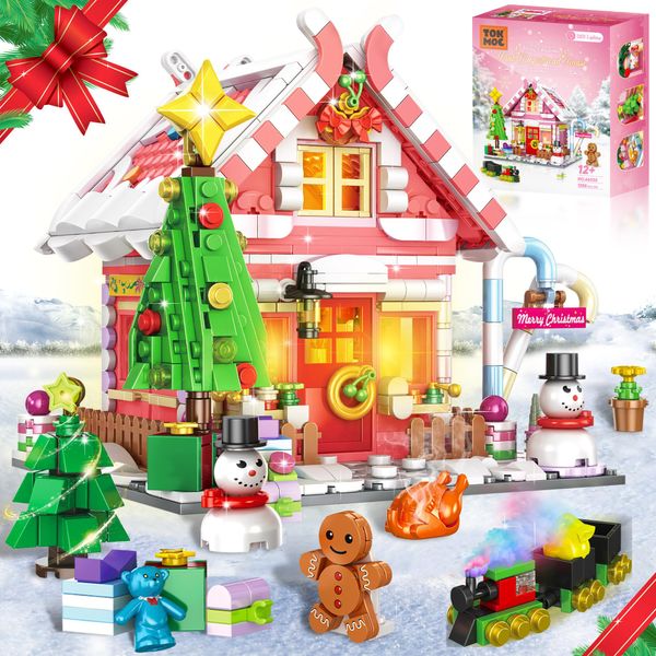 Christmas Gingerbread House Building Block with LED Lights, Christmas Village House Building Set, Contain Christmas Tree and Train, Xmas Brick Toy Gifts for Adults Teens and Kids 1288PCS (Pink)