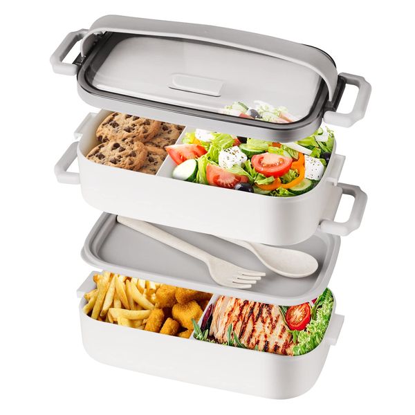 Bento Box Lunch Box for Adult, Stackable Bento Box with 2 Compartment, Include Utensil Set, Leak-Proof Lunch Container, Lunch Box Safe for Microwave and Dishwasher, BPA-Free Bento Box 1600ML White