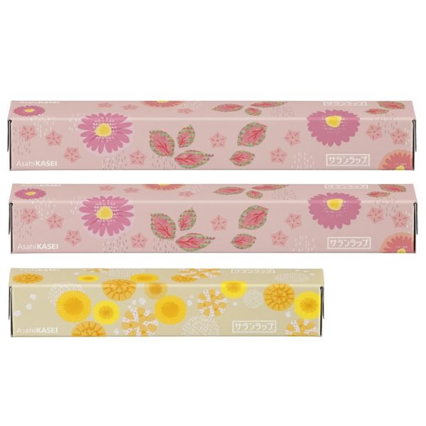 [Limited Design] [Set of Different Sizes] Saran Wrap 11.8 x 166.6 ft (30 x 50 m) 2 + 22 cm x 50 m 1 piece, Flower Design