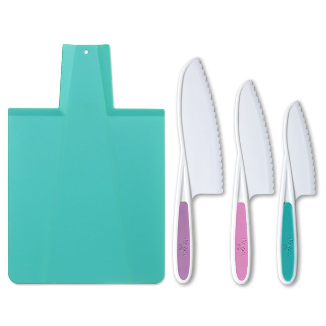 TOVLA JR. Kids Kitchen Knife and Foldable Cutting Board Set: Children's Cooking Knives in 3 Sizes & Colors/Firm Grip, Serrated Edges, BPA-Free Kids' Knives/Safe Lettuce and Salad Knives… (Blue)