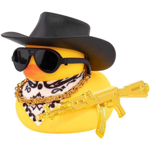 wonuu Rubber Duck Car Ornaments Duck Car Dashboard Decorations for Cool Car Accessories with Cowboy Hat Necklace and Sunglasses, A_Black Cowboy hat