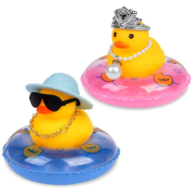 AUAUY Car Rubber Ducks, Rubber Duck Car Decoration Dashboard Car Ornament, Rubber Duck for Car Dashboard Decoration Accessories with Swimming Ring, Necklace and Sunglasses for Party Favours (2 Set)