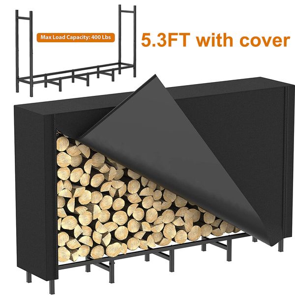 5.3FT Firewood Log Rack for Fireplace Wood Storage Fire Log Holder w/Black Cover