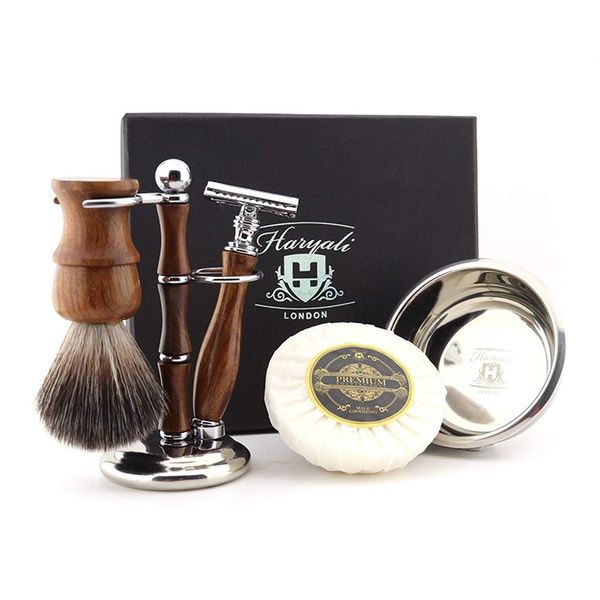 Haryali London Wooden Mens Shaving Kit Double Edge Safety Razor, Synthetic Badger Hair Brush, Stand, Bowl & Soap Perfect Set for Men