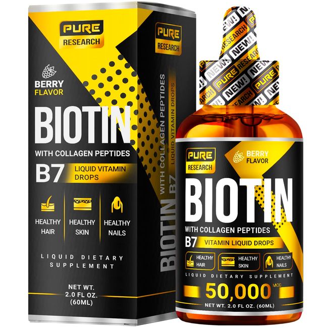 PURE RESEARCH Liquid Biotin & Collagen Hair Growth Drops 50,000mcg – Biotin and Liquid Collagen Supplements for Women & Men – Supports Glowing Skin, Healthy Hair & Nail Growth (2Fl Oz)