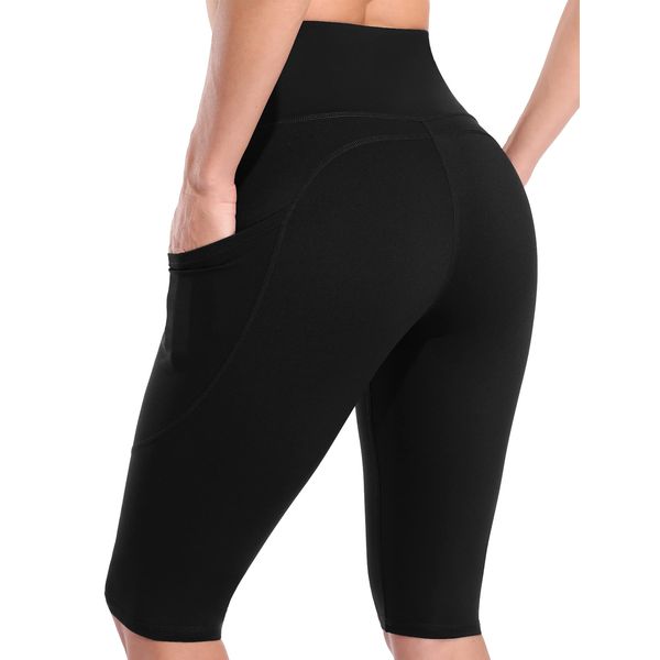 CharmLeaks Women Yoga Shorts with Two Pocket Workout Shorts Tummy Control Leggings Running Shorts Black M