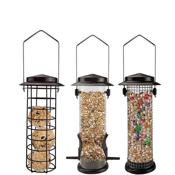 Urban Deco Metal Bird Feeders Hanging Station Fat Ball Bird Feeder Mesh Squirrel Feeder With Steel Hook Bird Seed Feeder - Weather Proof See Through Bird Feeder For Small Birds - Coffee - Pack Of 3