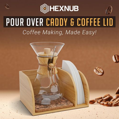 HEXNUB – Caddy and Lid for Pour Over Coffee Maker, Bamboo Stand fits Chemex, Bodum, Cosori Coffee Carafes, Heatproof Mat, Filter Holder for Drip Coffee Maker - Cork Mat