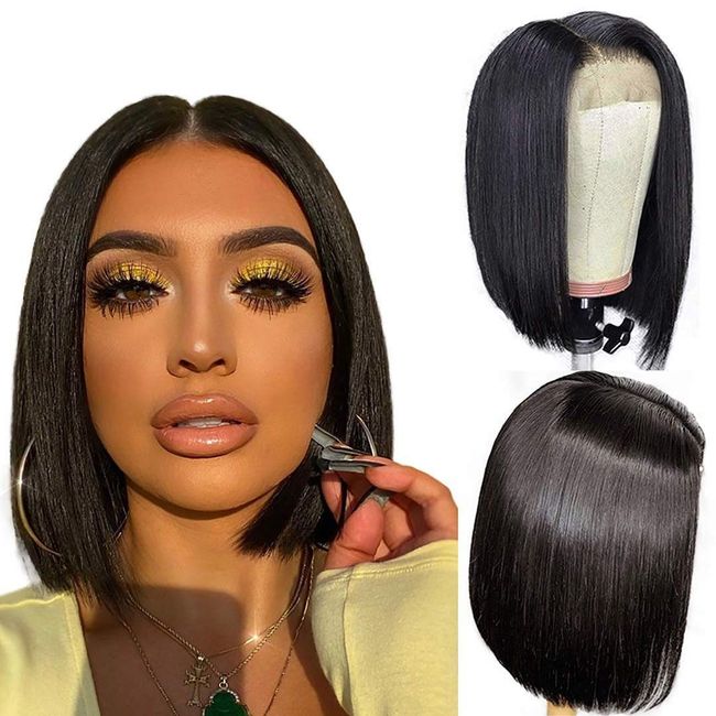 ALI GRACE Human Hair Short Bob Wigs Glueless Pre Plucked Bleached Knots Lace Closure Full Wig 10A Brazilian Virgin Natural Soft Hair for Black Women 150% Density with Baby Hair Swiss Lace 12 inch