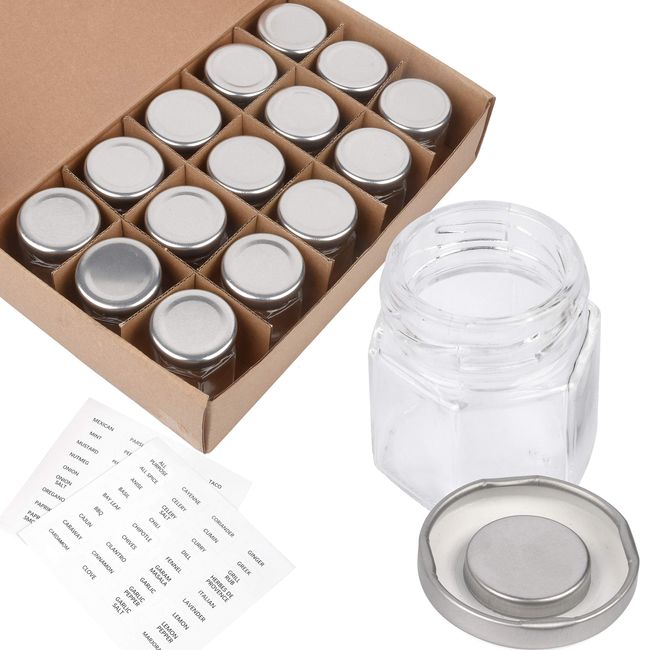 15-Pack Magnetic Spice Jars Hexagon Glass Spice Jars With Stainless Steel  Strong Magnet Lids - Space Saving Storage For Dry Herbs And Spices - Great  for Fridge, Backsplash and More