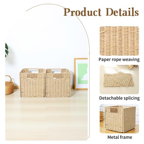 YAHUAN Foldable Paper Rope Storage Cubes 9X9 Hand Woven Wicker Storage Bins Square Basket Storage Basket for Shelves (Paper rope)