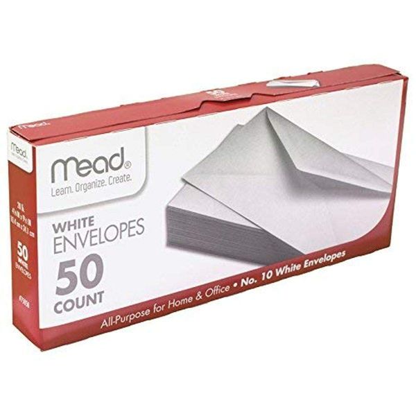 Mead #10 Envelopes, Gummed Closure, All-Purpose 20-Ib Paper, 4-1/8" x 9-1/2", Plain White, 50/Box (75050)