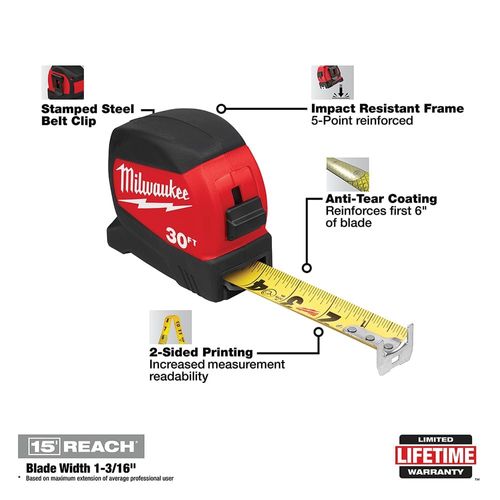 Milwaukee measure tape Milwaukee 48-22-0430 Tape Measure, 30 ft L Blade, 1-3/16 in W Blade, Steel Blade, ABS Case, Black/Red Case