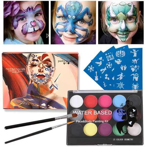 Xinfuquan Body Painting Face Paint Kit,15 Farben mit Bürste,Schablonen,Waschbar,Halloween,Ostern,Karneval,Schminke für Maskerade bodypainting farben schminkkoffer