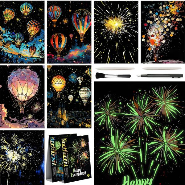 M MUGIT 8 Sheet Scratch Art Noctilucent Rainbow Painting Paper with Pen/Cleaning Brush, Glow in The Dark Engraving Scratchboard(A4) for Kids & Adult, ASMR Sketch Card Relaxing Toy (Landscape)