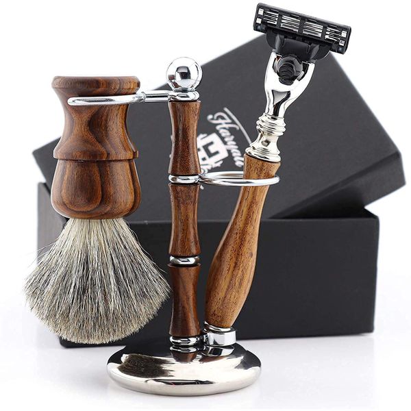 Haryali London Shaving Kit, 3 Pc Manual Wooden Shaving Set for Men's Grooming, 3 Edge Shaving Razor, Best Badger Hair Shaving Brush, Complete with Shaving Stand, Wood Shaving Set