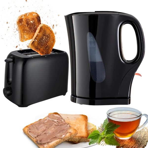 Trendi® Electric Kettle & 2 Slice Bread Toaster Kitchen Combo Set | 2200W 1.7L Cordless Jug Kettle Boil Dry Protection & Auto Shut Off | 650W 6 Level with Browning Control & Crumb Tray (Black)