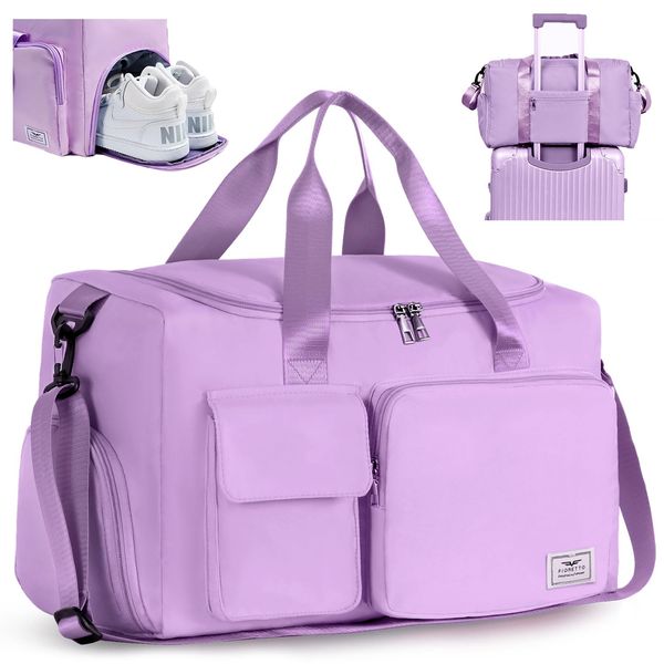 FIORETTO Womens Mens Sports Gym Bag Duffle Bag with Shoes Compartment, Weekend Travel Bag Overnight Bag for Women, Water Resistant Holdall Hospital Bag for Swimming Purple