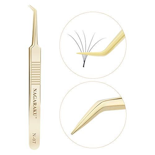 NAGARAKU Tweezers for Eyelash Extensions Gold Curved Angled Volume Cluster Super Light Weight Easy Fanning Tweezers Stainless Steel Precision (N-07)