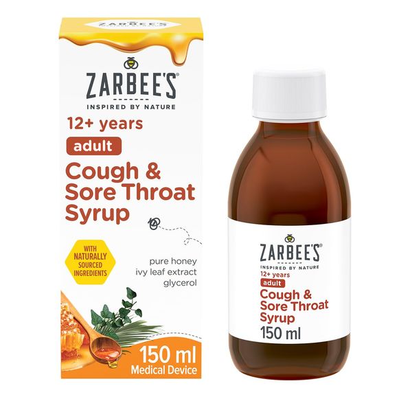 Zarbee's Adult Cough and Sore Throat Syrup, 150 ml, Honey-Based Relief for Dry or Chesty Cough, Sore Throat Relief, Alcohol Free, No Artificial Colours or Flavours, Cough Syrup For Adults