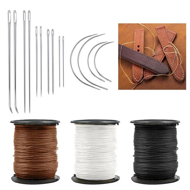 Yontree 17 Upholstery Needle and Thread Kit, Heavy Duty Nylon Thread and Needle, Curved Sewing Needle with Strong Thread for Canvas Leather Carpet (Brown Black White)