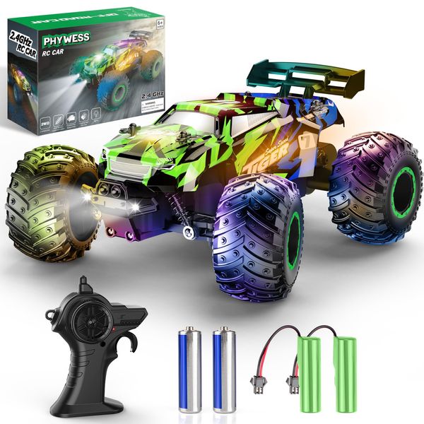 PHYWESS Remote Control Car, RC Cars Kids Toys for Boys 5-7, 2.4Ghz RC Truck Toys for Girls, Off Road Monster Truck Toys with Headlights & Car Body Lights, 20 KM/H RC Crawler Toy Cars Gifts for Kids