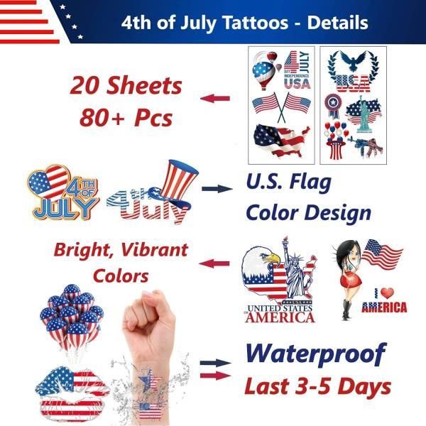 Temporary Tattoo Decorations, USA, Red White, Blue Party Supplies, 4th of July, Notes, 10-20 Sheets