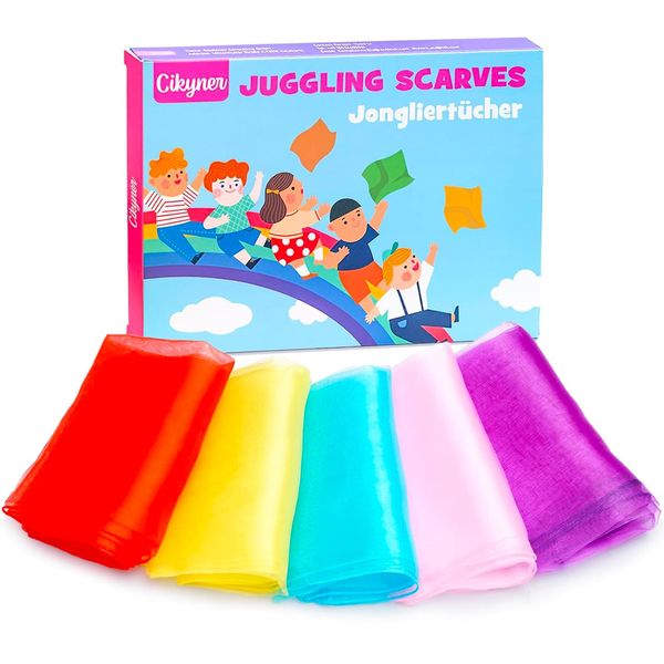 Cikyner Jongliertücher, 5 Stück Bunte Chiffontücher 60x60cm Tanztücher Chiffontücher für Tanzen Kindergarten Tücher Gymnastiktücher für Indoor & Garten Tanzen, Jonglieren, Sensorisches für Kinder