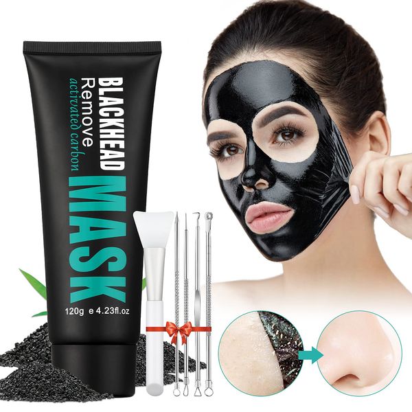 Peel Off Face Mask, Blackhead Remover Mask Activated Charcoal Black Mask, Purifying Blackhead Mask Peel Off Face Mask for Nose Pores Acne Blackhead Facial Mask with Brush and Pimple Extractor Tools