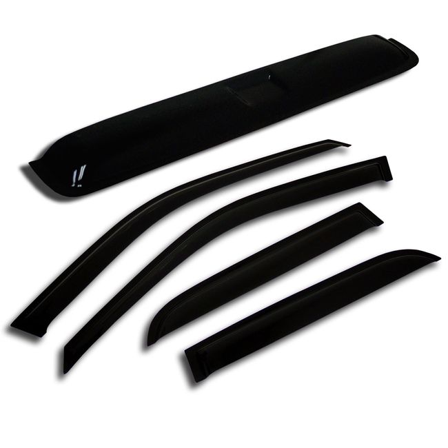 TuningPros WSVT2-634 Sunroof Moonroof Type 2 and Out-Side Mount Window Visor Deflector Rain Guard Dark Smoke 5-pc Set