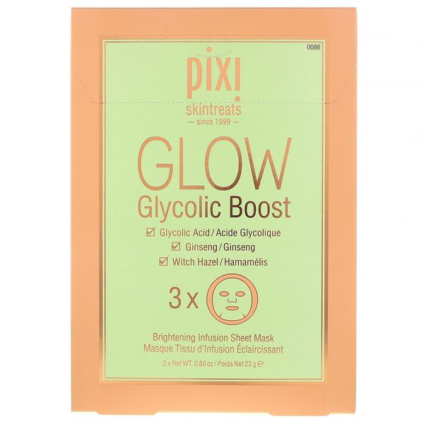 Pixi Glow Glycolic Boost, Brightening Infusion Sheet Mask, 3 Sheets