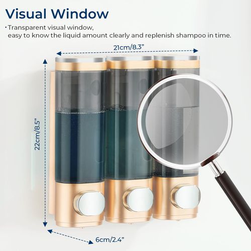 Pollock Shower Dispenser - 3 Chamber No Drill Mounted Shampoo, Conditioner, Body Wash Dispenser for Bathroom, Large Capacity, Gold