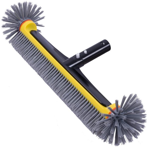 POOLAZA Pool Brush Head with Round Ends, Heavy Duty Pool Brushes for Cleaning Pool Walls, Floors Steps & Corners, 17.5" Pool Brush with Sturdy Aluminum Handle & Durable Nylon Bristles (Yellow)