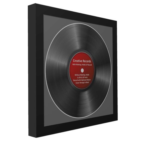 CreativePF [lp12.5x12.5bk-b] LP Vinyl Record Album Frame Display with Black Mat, LP Record Insert, Glass and Wall Hanger