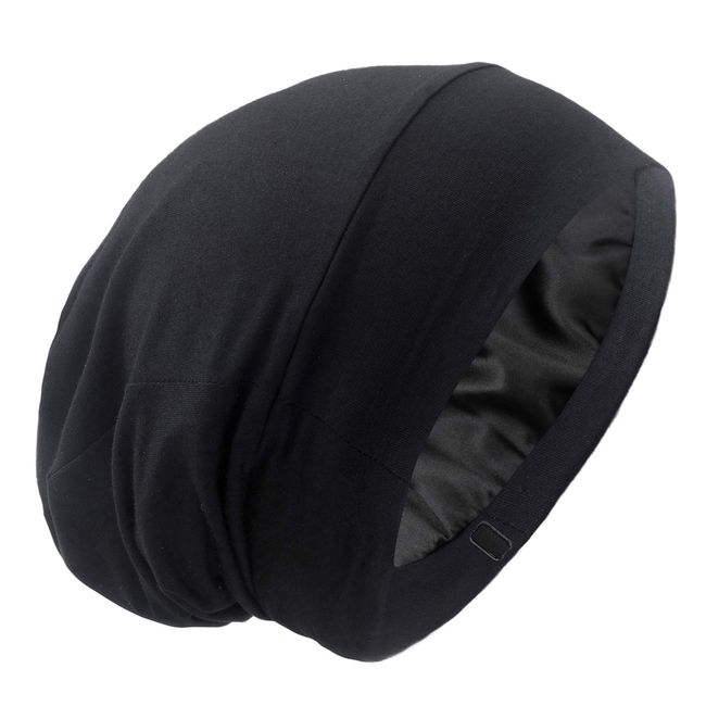 Silky Satin Lined Bonnet Sleep Cap - Adjustable Stay on All Night Hair Wrap Cover Slouchy Beanie for Curly Hair Protection for Women and Men - Solid Black