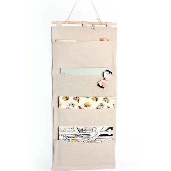 Co-link Linen/Cotton Fabric Wall Door Cloth Hanging Storage Pockets Books Organizational Back to School Office Bedroom kitchen rectangle Home Organizer Gift (4 Pockets)