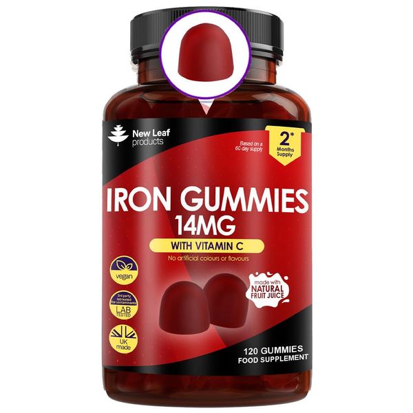 Iron Gummies 14mg - 120 Iron Supplements Enriched Vitamin C Real Fruit Juice (2 Months Supply) - Iron Supplements for Men & Women Iron Gummies Tasty Alternative to Iron Tablets