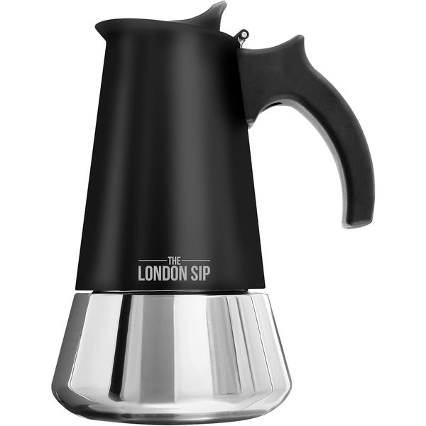 The London Sip Moka Pot, Stovetop Coffee Maker, Italian Style Espresso Maker, Stainless Steel, Induction Compatible, Modern Chrome, Black, 3 Cup (150 ml)