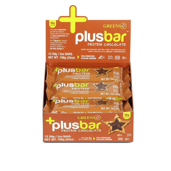 Greens+ Plusbar Protein Bars, Dark Chocolate, 15g Whey Protein Isolate, Gluten Free Healthy Snacks with Organic Super Greens, Superfoods, Vegan, Dairy Free & Non GMO Meal Replacement Bars, 12 Bars