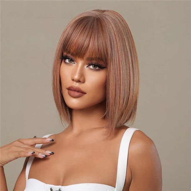 OMOGE HAIR LTD Womens Wigs Short Straight Bob With Bangs Wigs For Women Synthetic Hair Natural looking Ladies Wig For Daily And Party Ombre Light Blonde Hair Wig