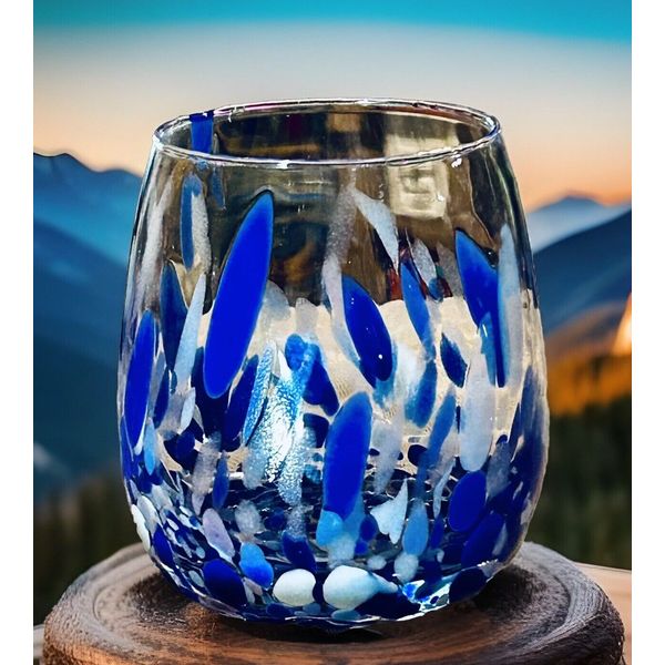 RARE Confetti Stemless Mexican HandBlown Glass Blue White Stemless Wine Glass